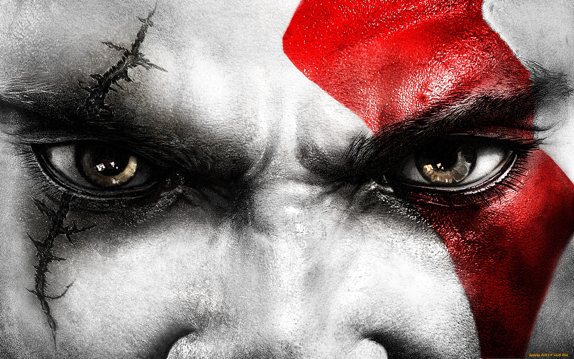 Обои Kratos eyes Видео Игры God of War III, обои для рабочего стола,  фотографии kratos, eyes, фэнтези, люди, глаза, лицо, шрам Обои для рабочего  стола, скачать обои картинки заставки на рабочий стол.